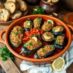 A traditional and delicious dish featuring zucchini, eggplant, and peppers, stuffed with a mixture of bulgur, chopped onion, tomatoes, and Eastern spices such as cumin and coriander