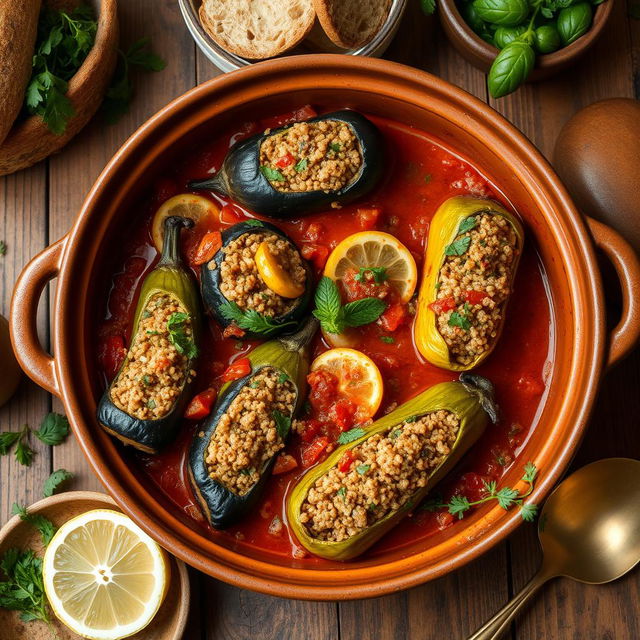 A traditional and delicious dish featuring zucchini, eggplant, and peppers, stuffed with a mixture of bulgur, chopped onion, tomatoes, and Eastern spices such as cumin and coriander