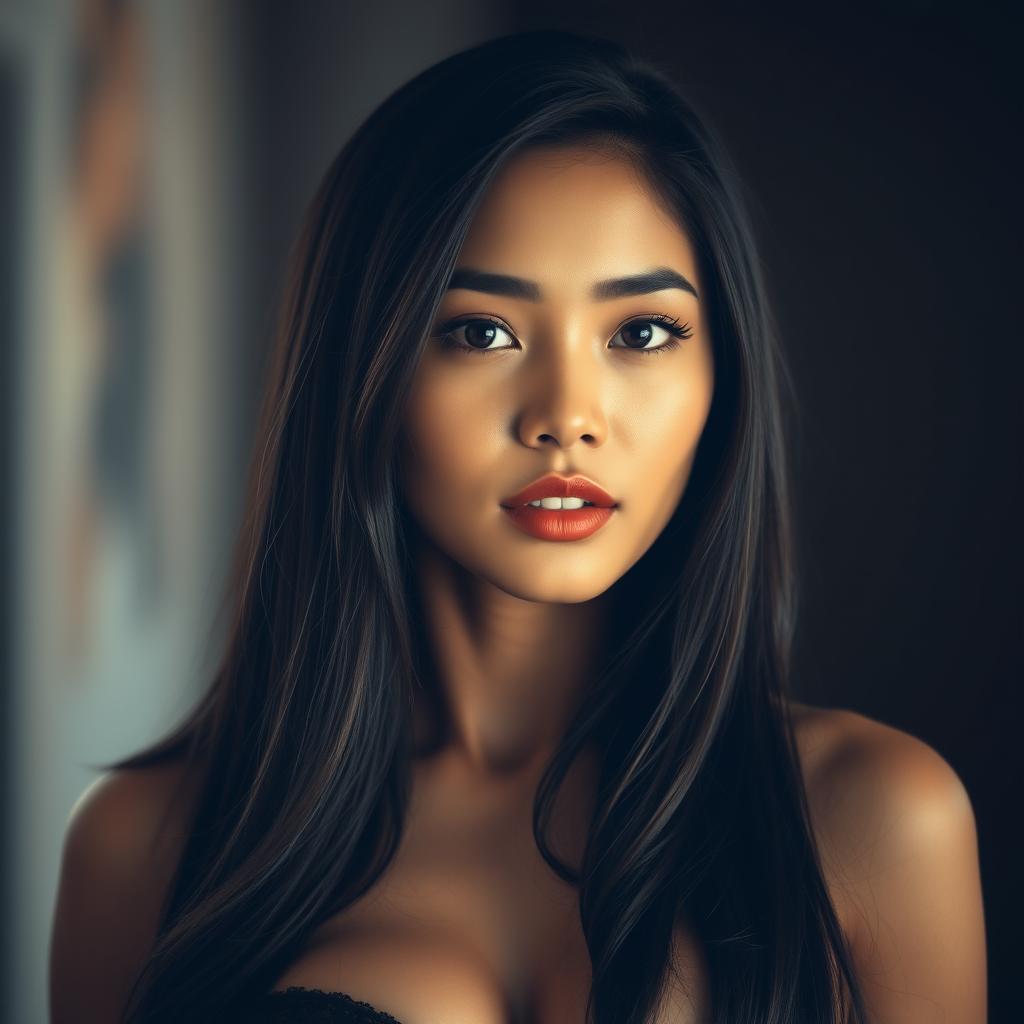 An Indonesian woman with an attractive face, featuring large breasts, standing confidently facing the camera