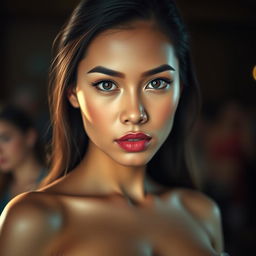 An Indonesian woman with an attractive face, featuring large breasts, standing confidently facing the camera