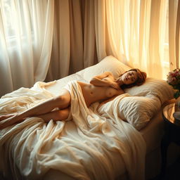 A serene and artistic representation of a nude figure lying gracefully on a plush bed, surrounded by soft, flowing fabrics that cascade around them