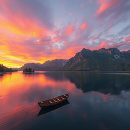 A serene landscape featuring a tranquil lake surrounded by majestic mountains under a vibrant sunset sky
