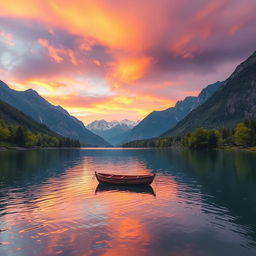 A serene landscape featuring a tranquil lake surrounded by majestic mountains under a vibrant sunset sky