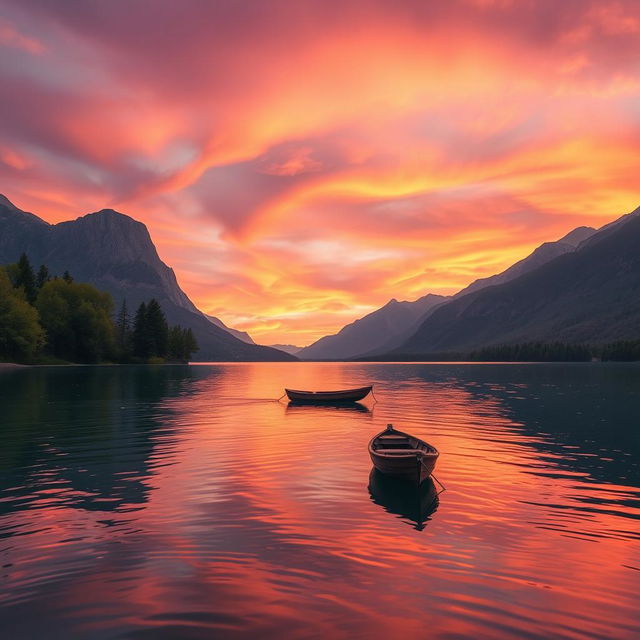 A serene landscape featuring a tranquil lake surrounded by majestic mountains under a vibrant sunset sky