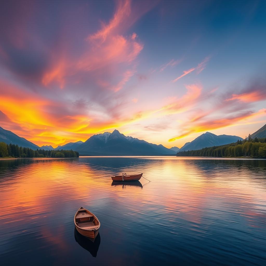 A serene landscape featuring a tranquil lake surrounded by majestic mountains under a vibrant sunset sky