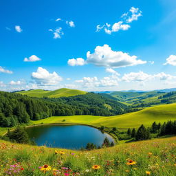 A mesmerizing landscape featuring rolling green hills under a brilliant blue sky dotted with fluffy white clouds