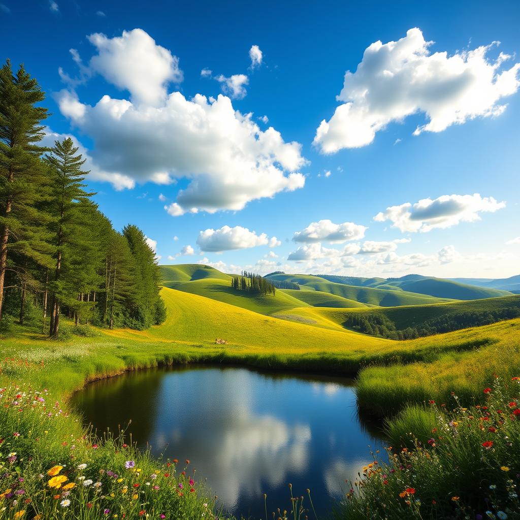 A mesmerizing landscape featuring rolling green hills under a brilliant blue sky dotted with fluffy white clouds