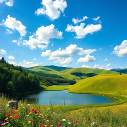 A mesmerizing landscape featuring rolling green hills under a brilliant blue sky dotted with fluffy white clouds