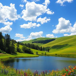 A mesmerizing landscape featuring rolling green hills under a brilliant blue sky dotted with fluffy white clouds