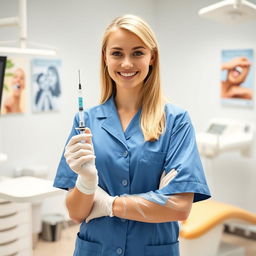 A 18-year-old blonde female dentist wearing a blue coat and latex gloves, holding a syringe in her hand