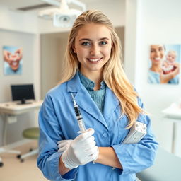 A 18-year-old blonde female dentist wearing a blue coat and latex gloves, holding a syringe in her hand