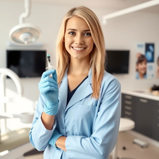 A 18-year-old blonde female dentist wearing a blue coat and latex gloves, holding a syringe in her hand