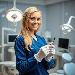 An 18-year-old blonde female dentist wearing a blue coat, latex gloves, and holding a syringe in her hand, standing in a modern dental clinic