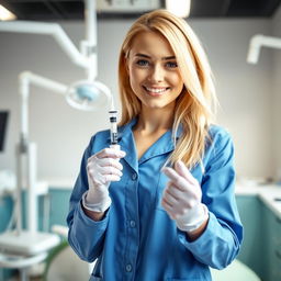 An 18-year-old blonde female dentist wearing a blue coat, latex gloves, and holding a syringe in her hand, standing in a modern dental clinic