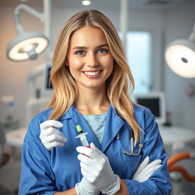 An 18-year-old blonde female dentist wearing a blue coat, latex gloves, and holding a syringe in her hand, standing in a modern dental clinic