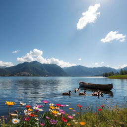A serene landscape featuring a tranquil lake surrounded by lush, verdant mountains under a clear blue sky, with fluffy white clouds drifting gently
