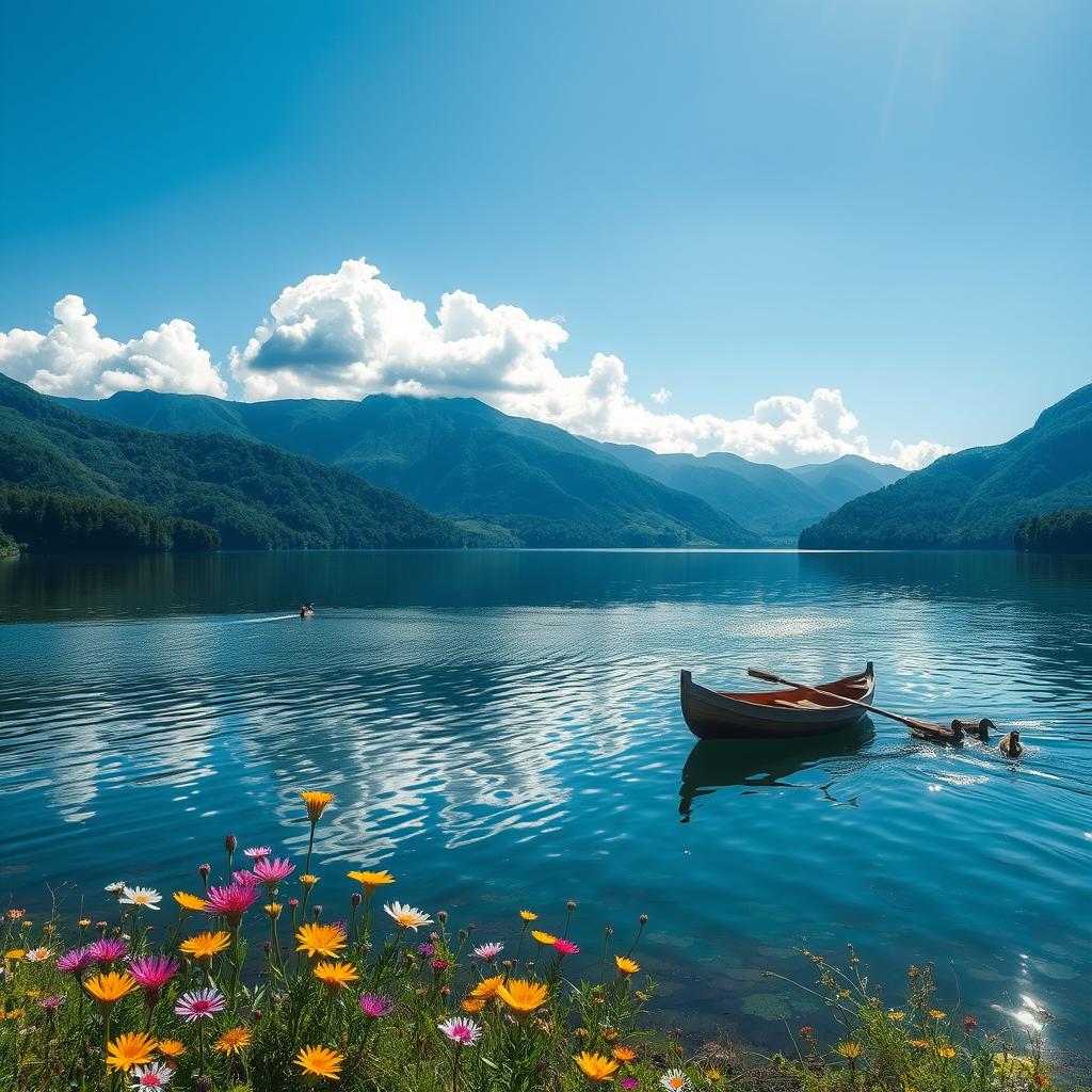 A serene landscape featuring a tranquil lake surrounded by lush, verdant mountains under a clear blue sky, with fluffy white clouds drifting gently