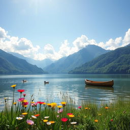 A serene landscape featuring a tranquil lake surrounded by lush, verdant mountains under a clear blue sky, with fluffy white clouds drifting gently