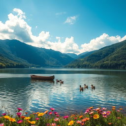A serene landscape featuring a tranquil lake surrounded by lush, verdant mountains under a clear blue sky, with fluffy white clouds drifting gently