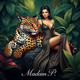 An artistic representation of a sleek, elegant leopard lounging gracefully in a lush jungle environment, surrounded by vibrant tropical foliage