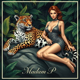 An artistic representation of a sleek, elegant leopard lounging gracefully in a lush jungle environment, surrounded by vibrant tropical foliage