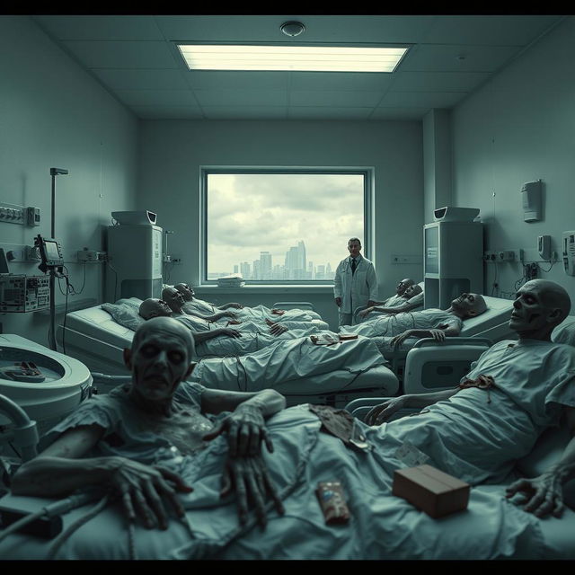 A surreal hospital room filled with zombie patients, displaying eerie and haunting details