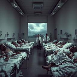 A surreal hospital room filled with zombie patients, displaying eerie and haunting details