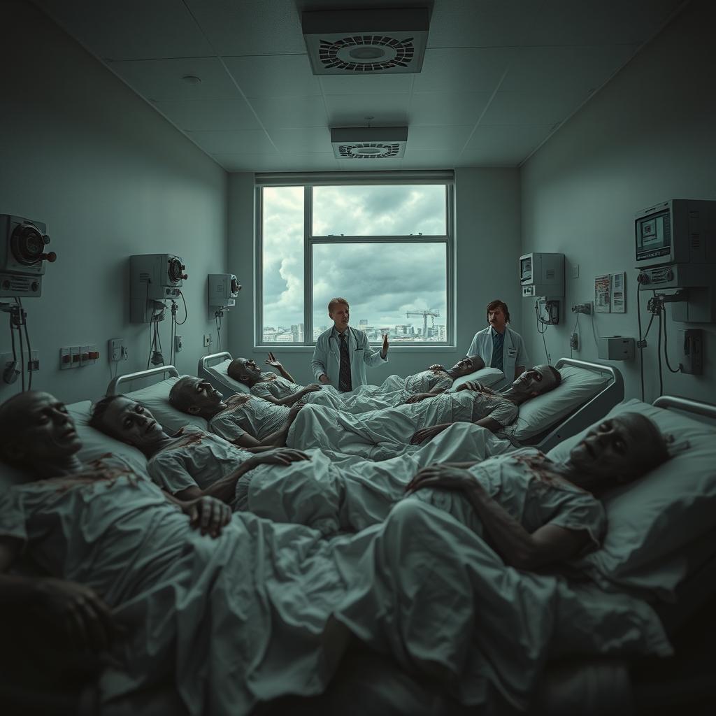 A surreal hospital room filled with zombie patients, displaying eerie and haunting details