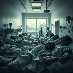 A surreal hospital room filled with zombie patients, displaying eerie and haunting details