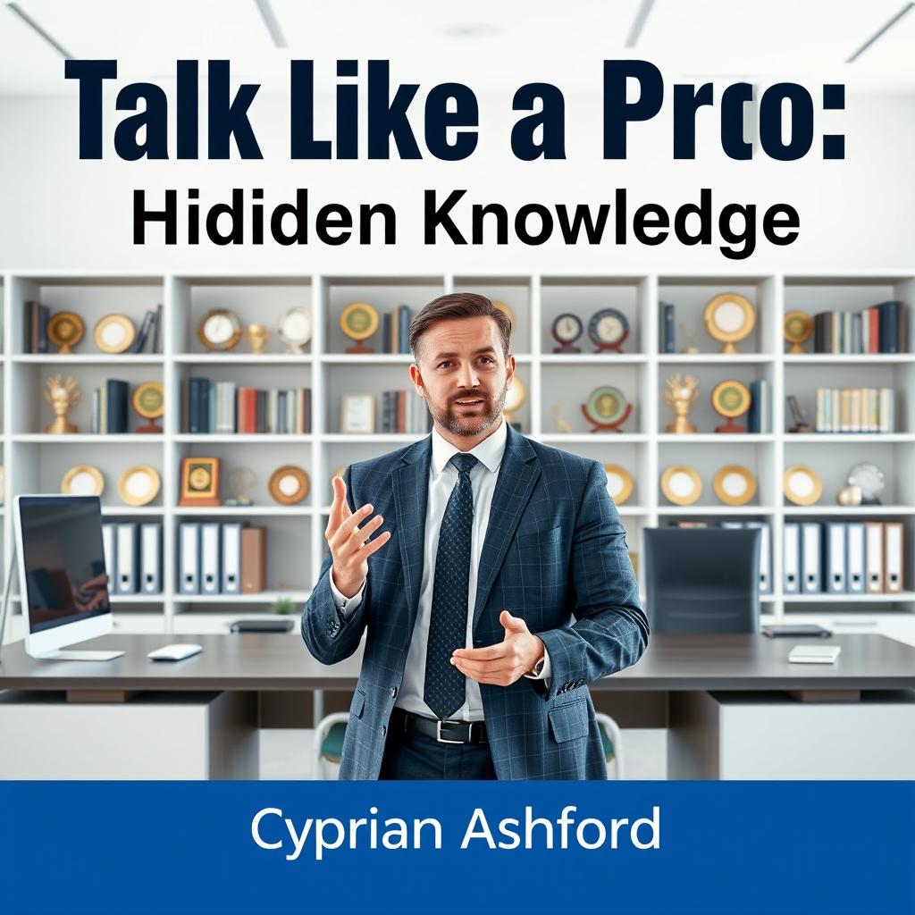 A realistic image of a modern professional office setting, featuring a sleek desk and a well-stocked bookshelf filled with various awards