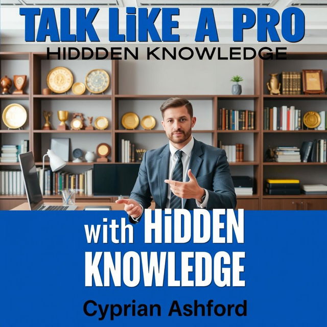 A realistic image of a modern professional office setting, featuring a sleek desk and a well-stocked bookshelf filled with various awards