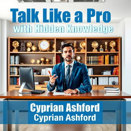 A realistic image of a modern professional office setting, featuring a sleek desk and a well-stocked bookshelf filled with various awards