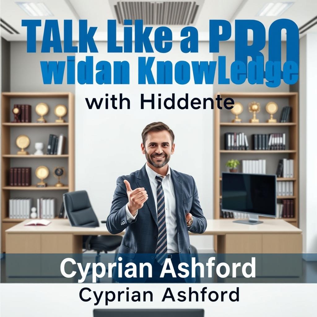 A realistic image of a modern office setting featuring a sleek desk and a bookshelf filled with awards in the background