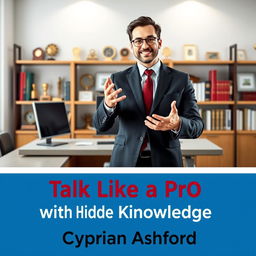 A realistic image of a modern office setting featuring a sleek desk and a bookshelf filled with awards in the background