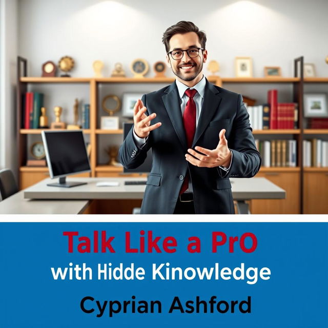 A realistic image of a modern office setting featuring a sleek desk and a bookshelf filled with awards in the background