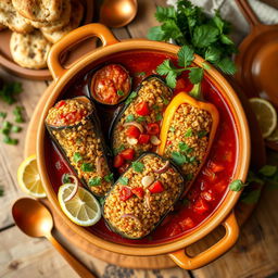 A traditional, delicious dish featuring stuffed zucchini, eggplant, and bell peppers filled with a mixture of bulgur wheat, chopped onions, tomatoes, and Eastern spices like cumin and coriander
