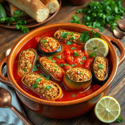 A traditional, delicious dish featuring stuffed zucchini, eggplant, and bell peppers filled with a mixture of bulgur wheat, chopped onions, tomatoes, and Eastern spices like cumin and coriander