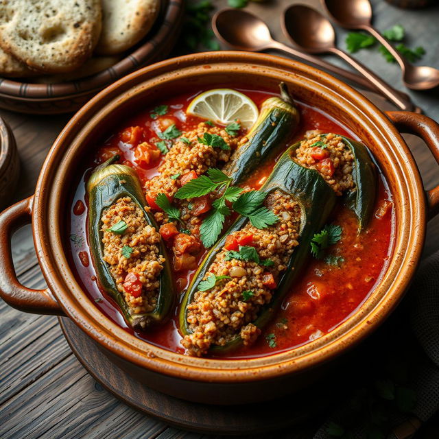 A traditional, delicious dish featuring stuffed zucchini, eggplant, and bell peppers filled with a mixture of bulgur wheat, chopped onions, tomatoes, and Eastern spices like cumin and coriander