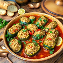 A traditional, delicious dish featuring stuffed zucchini, eggplant, and bell peppers filled with a mixture of bulgur wheat, chopped onions, tomatoes, and Eastern spices like cumin and coriander