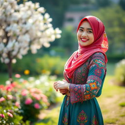A beautiful woman wearing a colorful hijab, traditional Islamic dress, standing gracefully in a serene landscape
