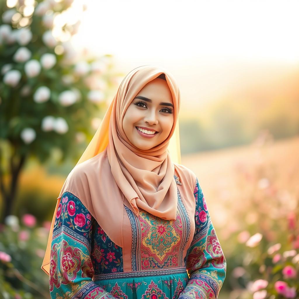 A beautiful woman wearing a colorful hijab, traditional Islamic dress, standing gracefully in a serene landscape