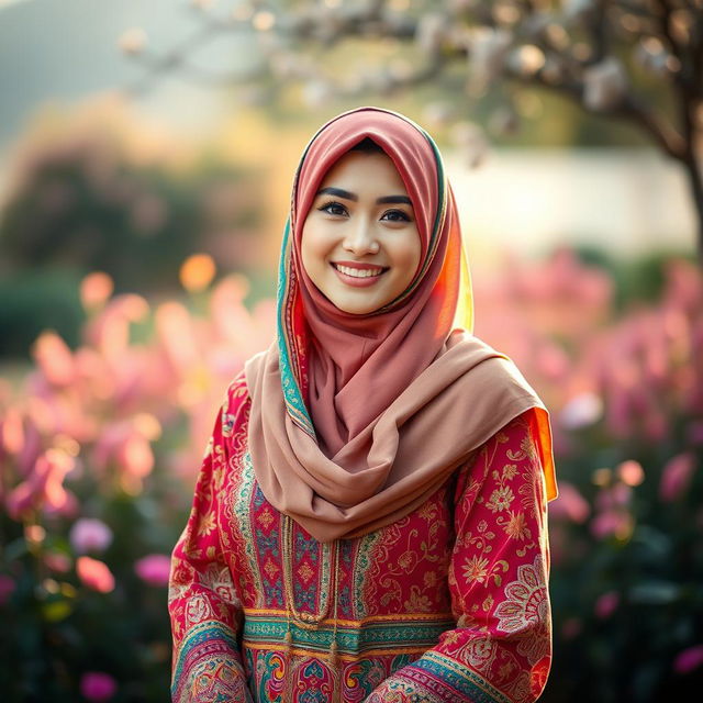 A beautiful woman wearing a colorful hijab, traditional Islamic dress, standing gracefully in a serene landscape