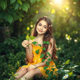 A young lady gracefully sitting in a lush green forest, delightfully eating fresh green leaves
