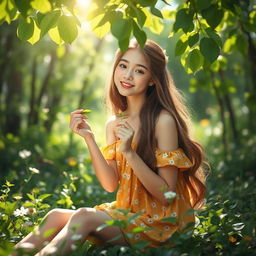 A young lady gracefully sitting in a lush green forest, delightfully eating fresh green leaves