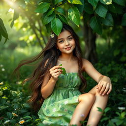 A young lady gracefully sitting in a lush green forest, delightfully eating fresh green leaves