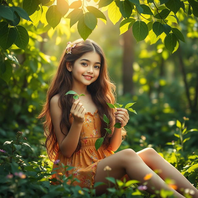 A young lady gracefully sitting in a lush green forest, delightfully eating fresh green leaves