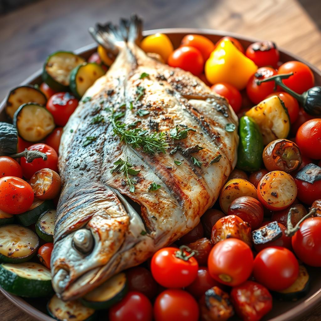 A beautifully presented platter of grilled fish accompanied by a variety of perfectly roasted vegetables