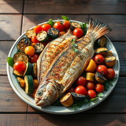 A beautifully presented platter of grilled fish accompanied by a variety of perfectly roasted vegetables