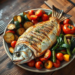 A beautifully presented platter of grilled fish accompanied by a variety of perfectly roasted vegetables