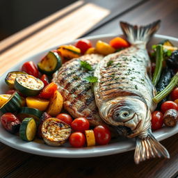 A beautifully presented platter of grilled fish accompanied by a variety of perfectly roasted vegetables